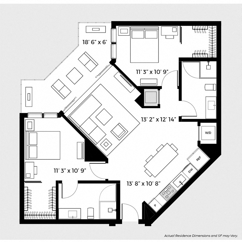 Floor plan for 2 beds, 2 baths, 950 sqft